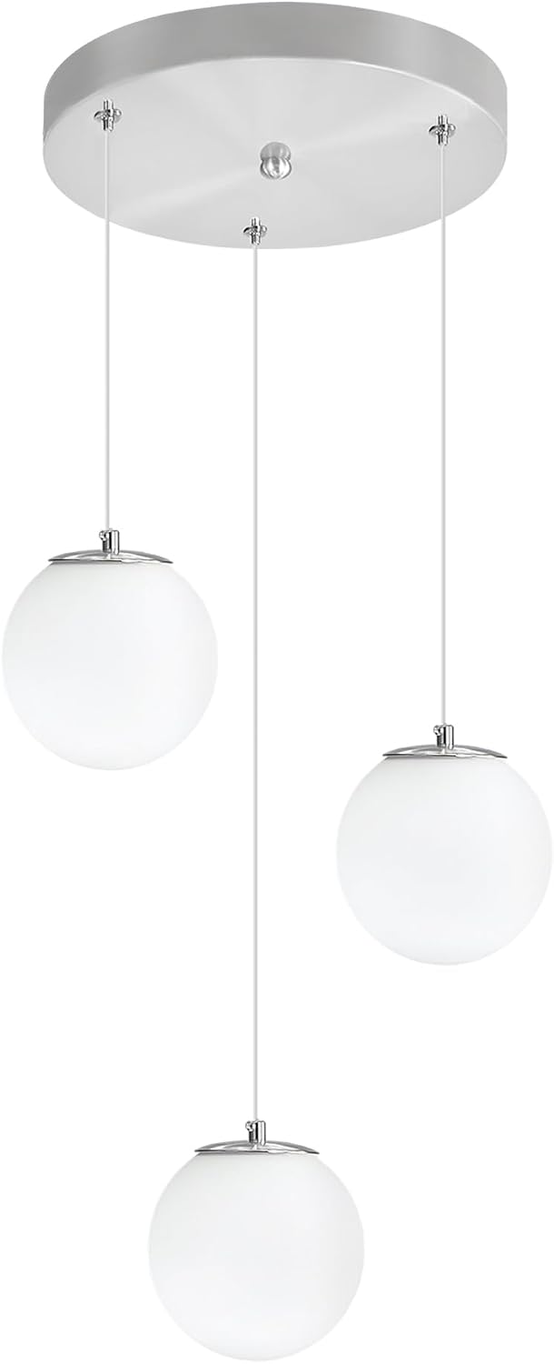ykolupty 3-Light Globe Pendant Light for Kitchen Island Silver Pendant Light Fixtures with White Glass Globe Hanging Lights for Bedroom,Hallway,Bar