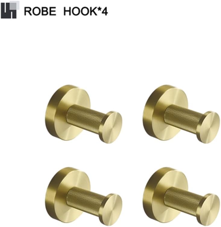 Brushed Gold Bathroom Accessories Set - 4 PCS Wall Mount Towel Bar, Toilet Paper Holder, Knurled Robe Hook & Hanger - Elegant Brass Finish for Stylish Modern Home Decor
