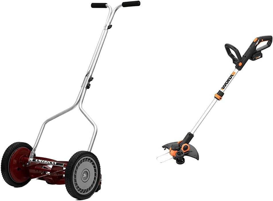 American Lawn Mower 5-Blade Push Reel Lawn Mower and Worx GT3.0 20V PowerShare 12' String Trimmer & Edger