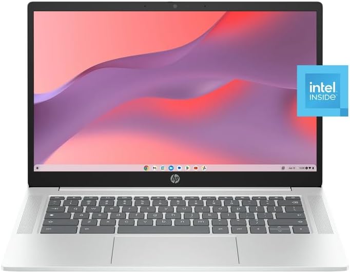 HP Chromebook 14' HD Laptop, Intel N200 Processor, 4GB LPDDR5 RAM, 128GB UFS, Chrome OS, Glacier Silver, Intel UHD Graphics, Bundle with TWE Mouse Pad