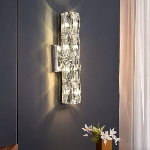 Luxury Gold Cylindrical Crystal Wall Lamp - Dimmable Stainless Steel Bathroom Sconce, Anti-Rust Mount, Elegant Lighting for Home Decor (Silver, H-20CM)