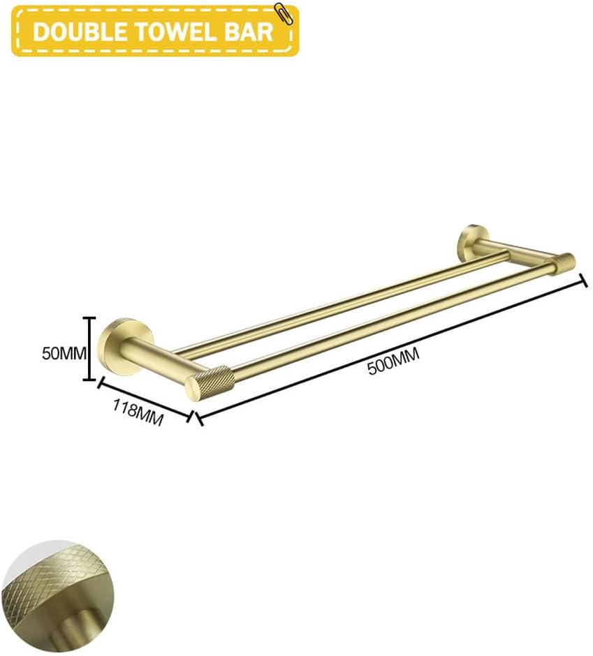 Brushed Gold Stainless Steel Wall-Mounted Towel Bar Paper Holder Robe Hook Cup Holder Toilet Brush Bathroom Accessories,Double Towel Bar