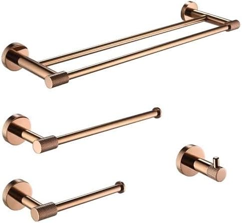 Rose Gold Wall-Mounted Stainless Steel Bath Towel Rack Toilet Paper Holder Towel Bar Robe Hook Cup Holder Bathroom Accessories(4 Pieces Set B)