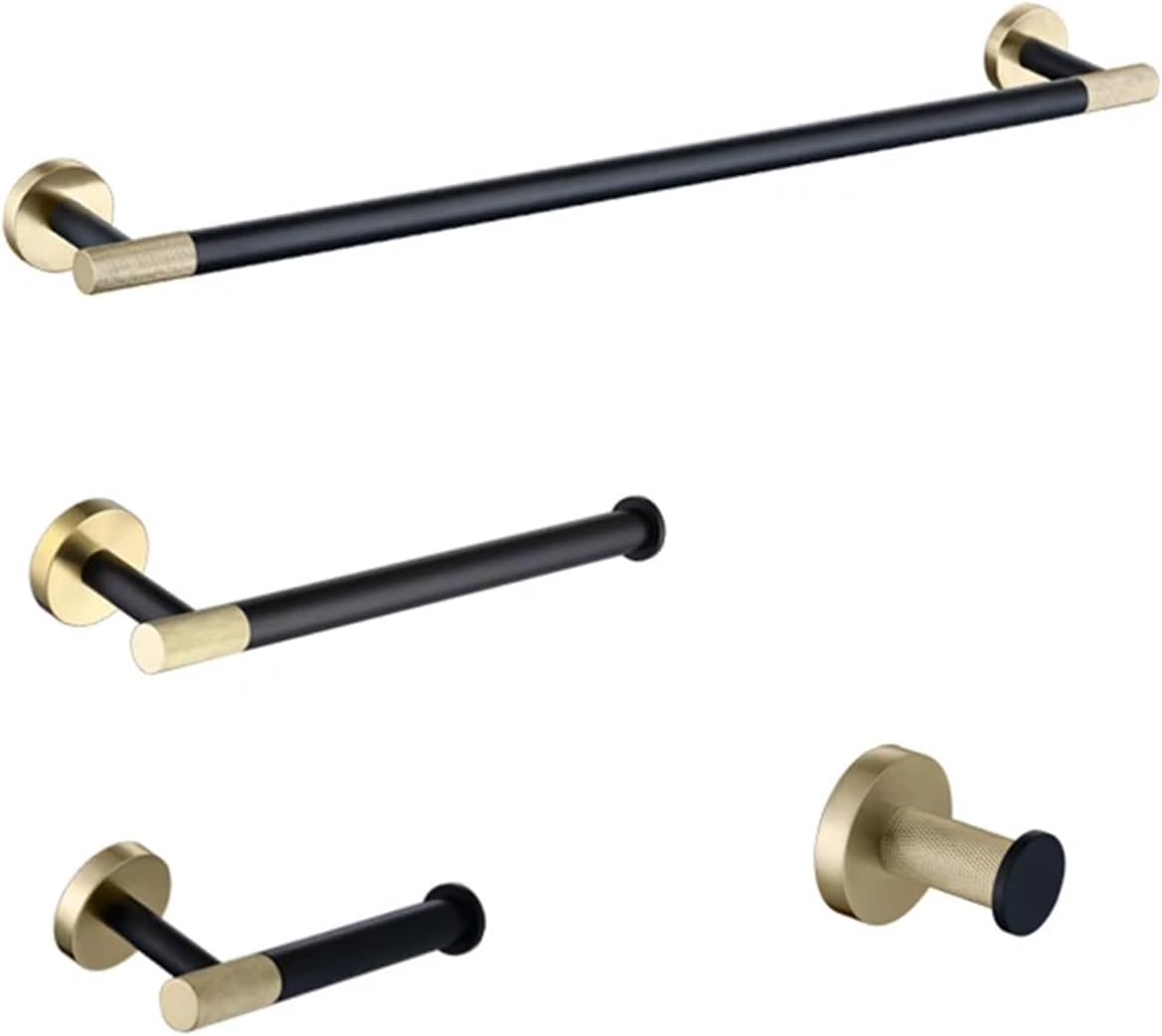 Brushed Gold & Black Stainless Steel Clothes Hook Toilet Soap Pot Paper Towel Holder Cup Holder Bathroom Accessories(4 Pieces Set)