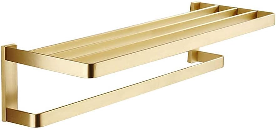 Bathroom Storage Shelf Towel Rack Wall Mounted Brass Made Brushed Gold Finish Towel Double Shelf with Towel Rail Storage Holder for Hotel Bathroom Home,
