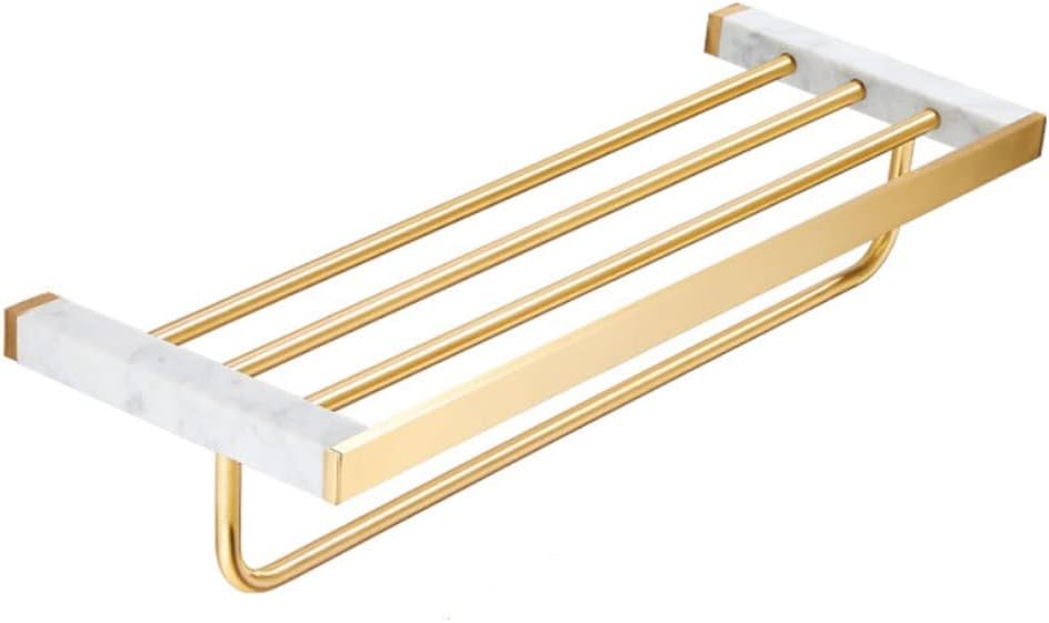 Modern Nordic Style Brass Towel Rack with Light Marble Shelf Wall Mounted Double Towel Bar Holder for Bathroom Gold Finish 60 * 20 * 13Cm