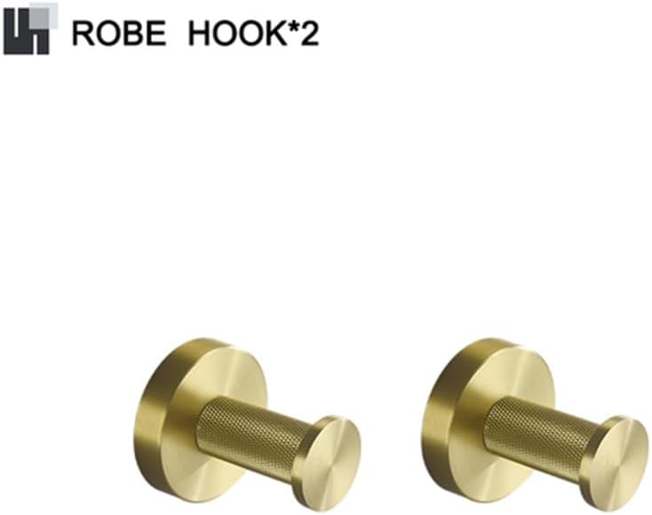 Brushed Gold Brass Bathroom Accessories Set - Hand Towel Bar, Toilet Paper Holder & 2 Robe Hooks - Modern Stylish Knurling Design for Elegant Home Décor