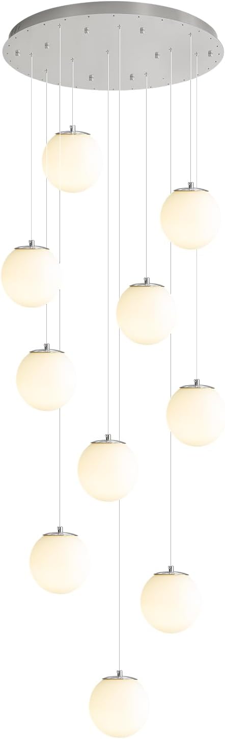 ykolupty LED Staircase Chandelier Glass Globe Pendant Light Chrome Large Chandeliers for High Ceiling,10-Lights Hanging Flush Mount Lighting Fixtures for Foyer,Entryway,Living Room
