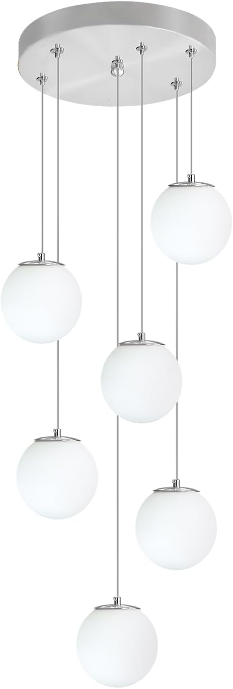 ykolupty 6-Light Silver Chandelier with White Globe Glass Dimmable Ceiling Light Glass Pendant Light for Kitchen Island, Dining Room, Living Room, Entry Hallway, LED Bulbs Included