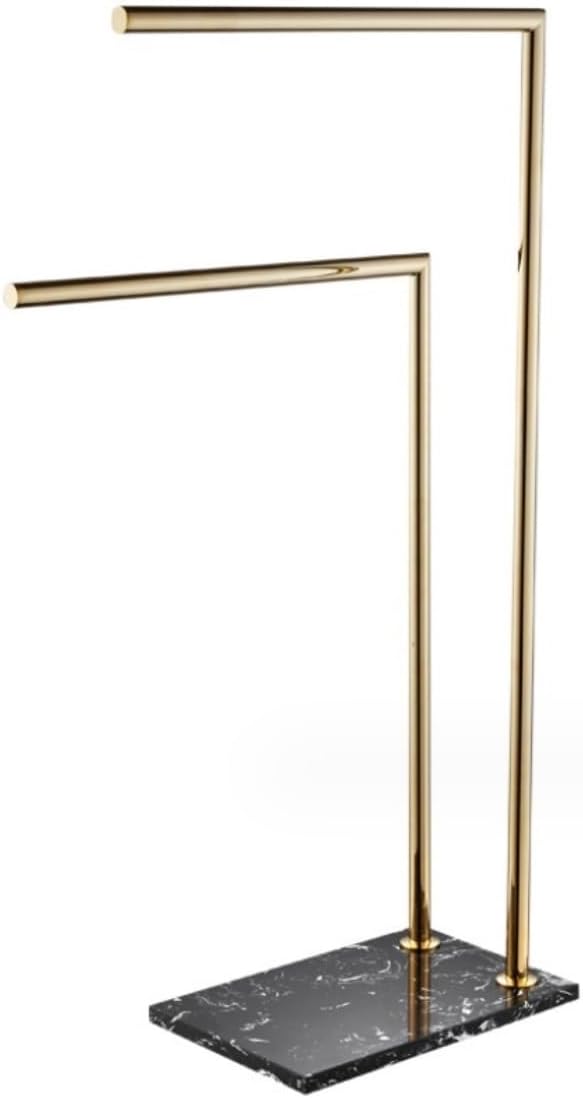 Free Standing Towel Rack, Pool 2 Tier Standing Towel Rack with Marble Base Brass Double Bar Stand Holder for Bathroom Laundry Room Large Storage(Gold+Black)