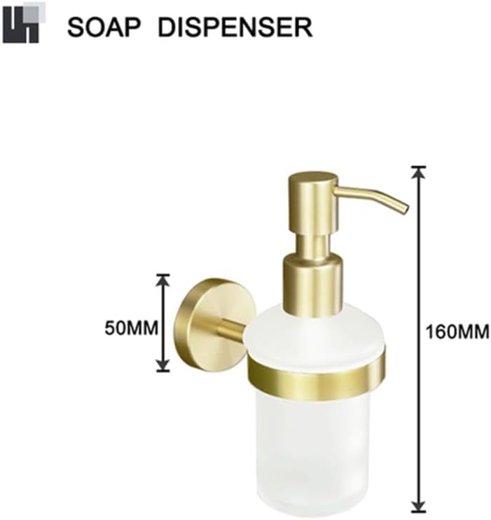 Brushed Gold Brass Bathroom Accessories Set - Hand Towel Bar, Toilet Paper Holder, Robe Hook, Soap Dispenser - Elegant Wall-Mounted Design for Modern Bathroom Decor