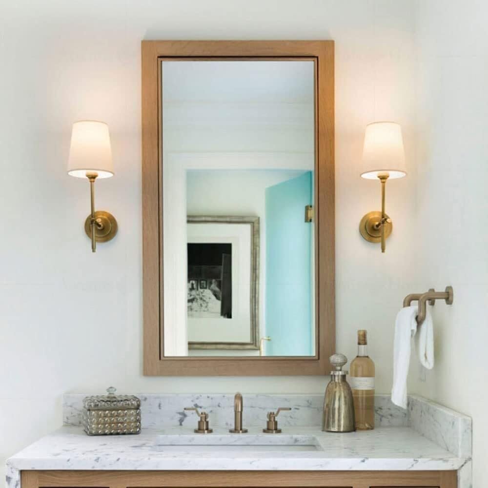 Transitional Brass Wall Sconce with Fabric Shade, Copper Gold Finish Hardwired Wall Light Fixture for Bathroom Vanity, Bedroom, Living Room, Dining Room, Study Room, Home Decor Ambient Lighting.