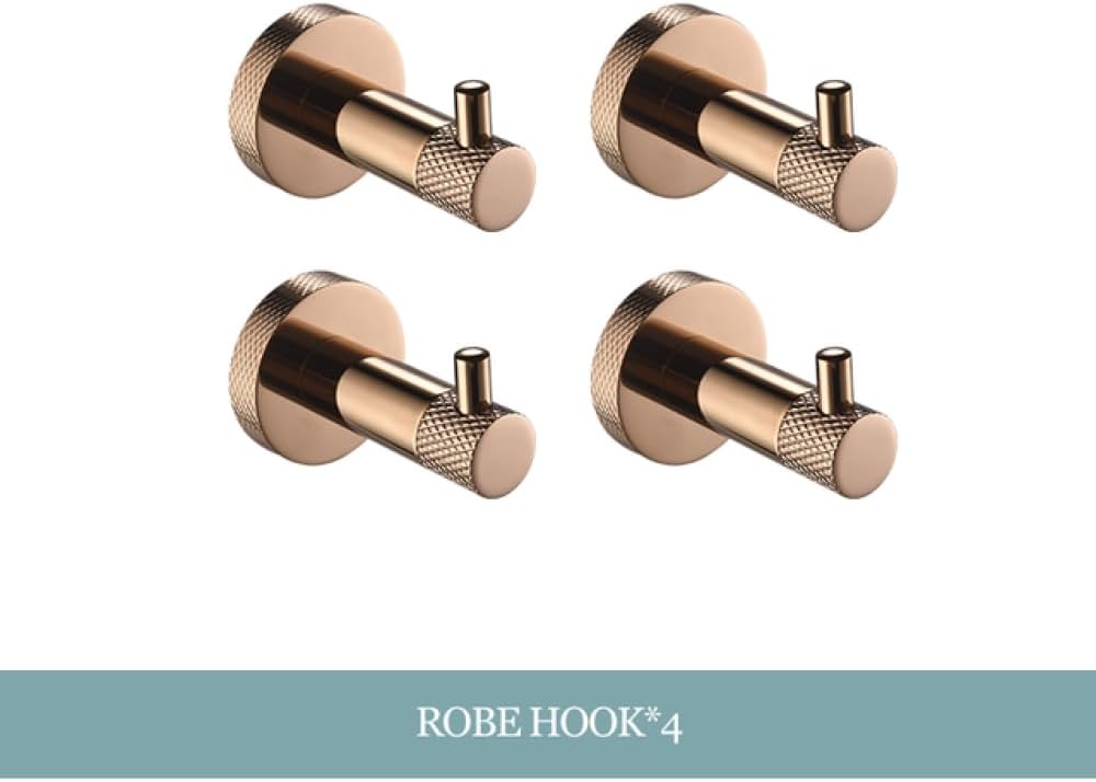 Rose Gold Stainless Steel Wall-Mounted Robe Hooks Toilet Paper Holder Towel Bar Rack Towel Ring Bathroom WC Accessories Sets,4 pcs Robe Hooks