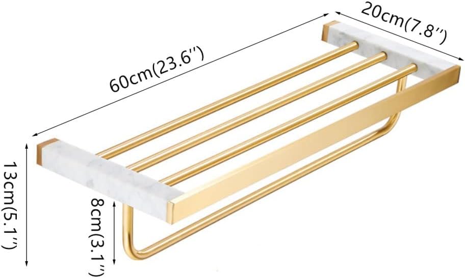 Modern Nordic Style Brass Towel Rack with Light Marble Shelf Wall Mounted Double Towel Bar Holder for Bathroom Gold Finish 60 * 20 * 13Cm
