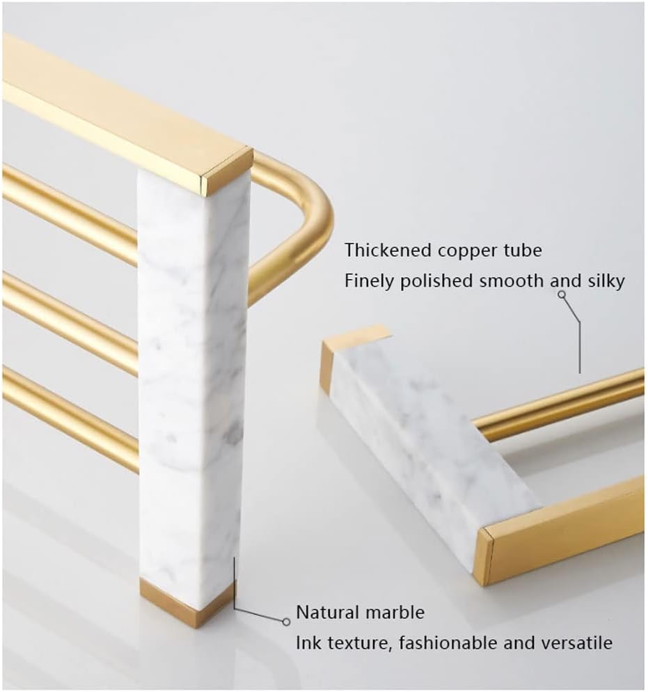 Modern Nordic Style Brass Towel Rack with Light Marble Shelf Wall Mounted Double Towel Bar Holder for Bathroom Gold Finish 60 * 20 * 13Cm