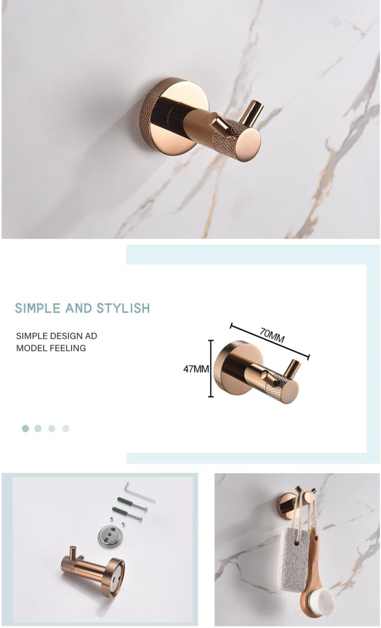 Rose Gold Stainless Steel Wall-Mounted Robe Hooks Toilet Paper Holder Towel Bar Rack Towel Ring Bathroom WC Accessories Sets,4 PCS Double Hooks