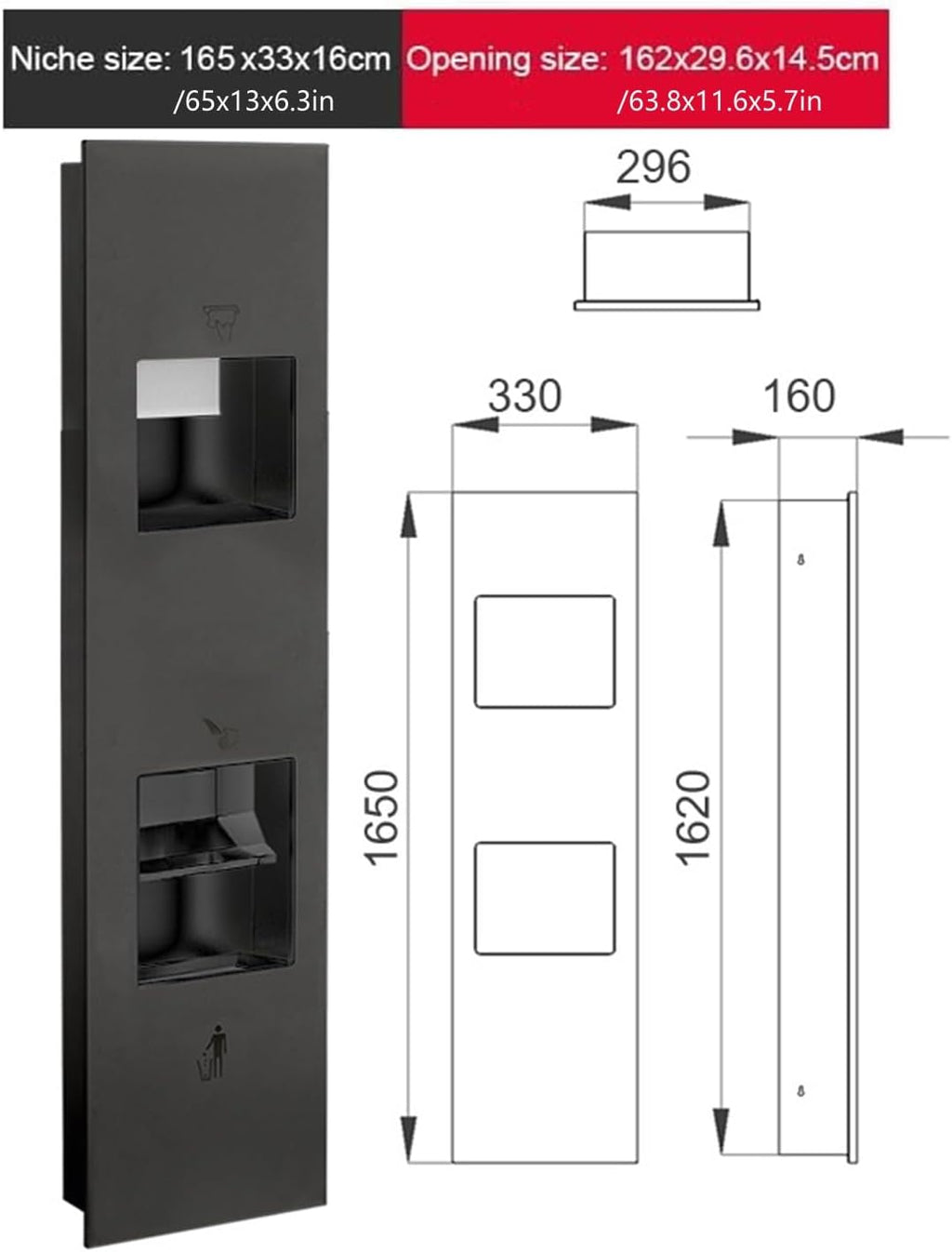 Recessed Convertible Paper Towel Dispenser/Waste Receptacle Combination Unit, Satin Stainless Steel for Hotel Public Bathroom Kitchen, Silver(Preto,33x165x16CM)