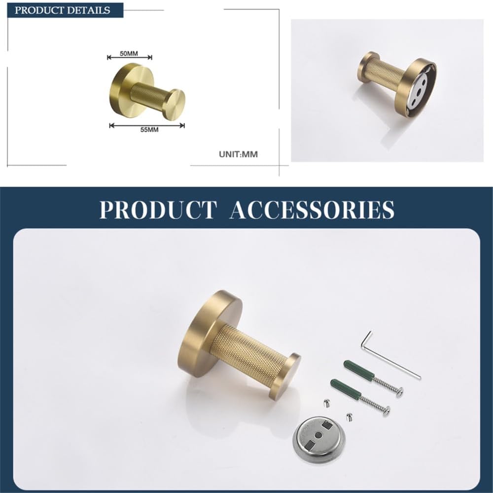 Brushed Gold Bathroom Accessories Set - 4 PCS Wall Mount Towel Bar, Toilet Paper Holder, Knurled Robe Hook & Hanger - Elegant Brass Finish for Stylish Modern Home Decor
