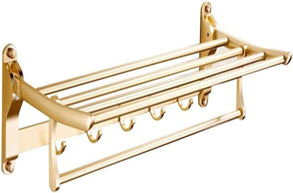 Towel Rack Towel Shelf Bathroom Towel Rail Foldable Double Wall Mounted Towel Holder with Hooks 60cm Aluminum Towel Rack with Multi Towel Bar for Kitchen Bathroom Toilet Hotel Office/Gold