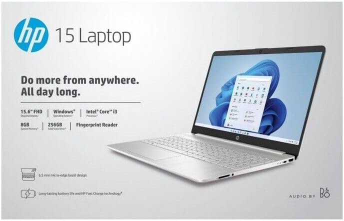 HP 15.6' FHD Laptop, Intel Core i3-1215U, 8GB RAM, 256GB SSD, Silver, Windows 11 Home, 15-dy5131wm (Renewed)