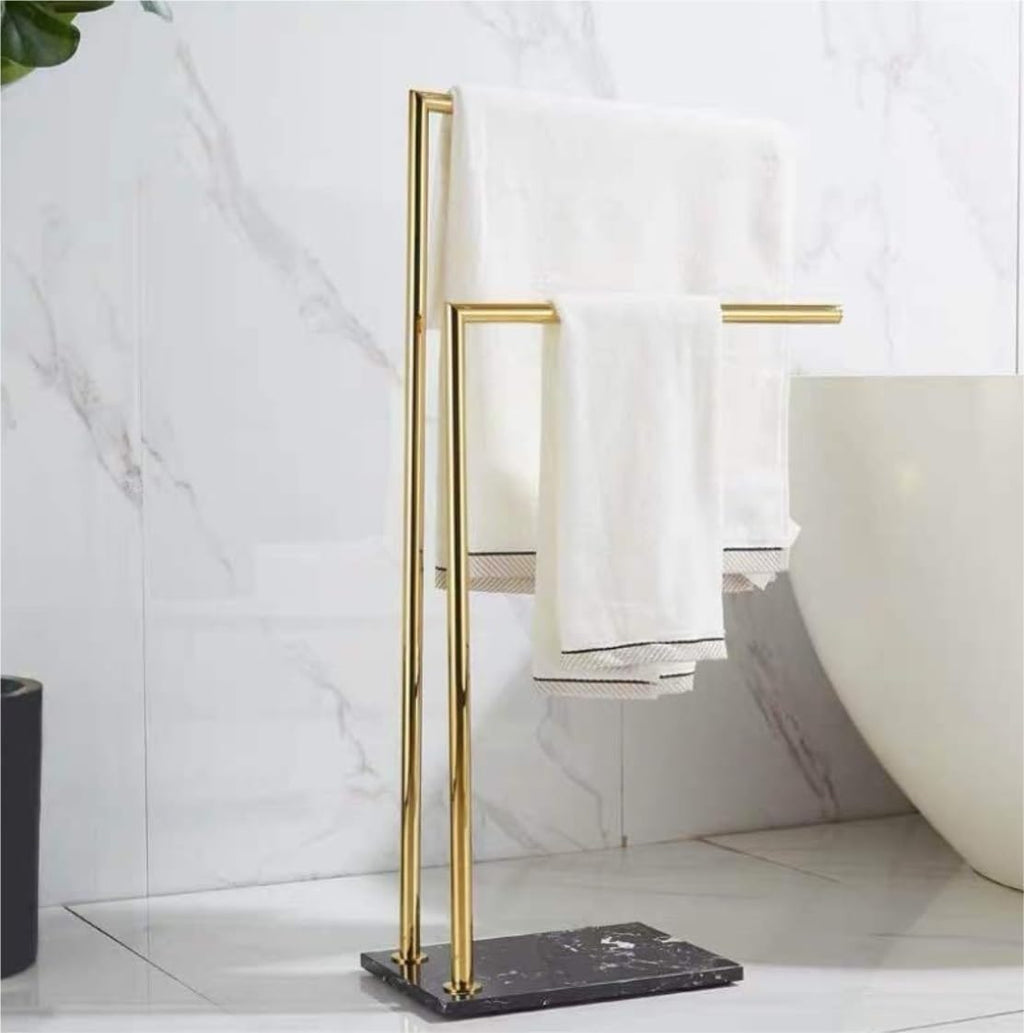 Free Standing Towel Rack, Pool 2 Tier Standing Towel Rack with Marble Base Brass Double Bar Stand Holder for Bathroom Laundry Room Large Storage(Gold+Black)