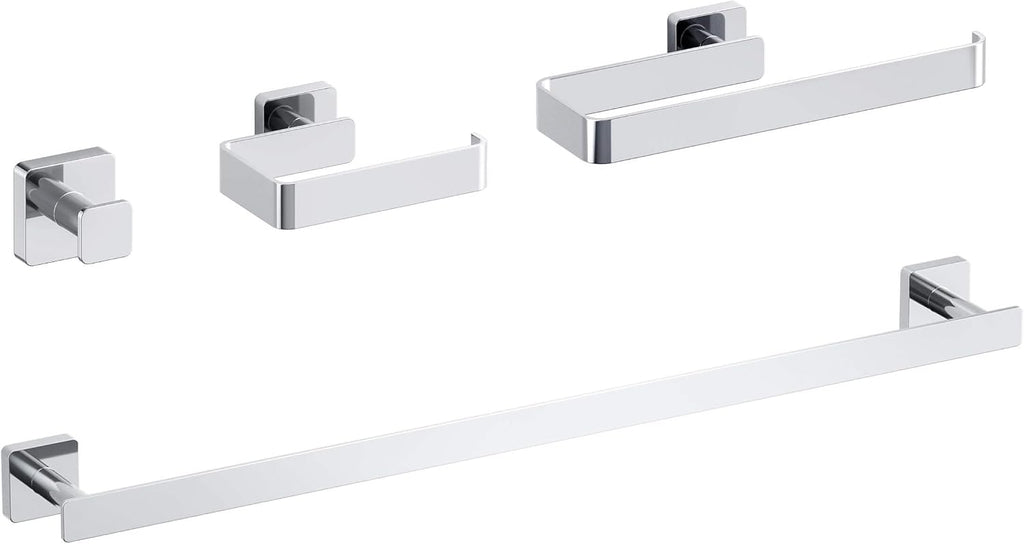 KIBI Blaze 4-Piece Bathroom Hardware Set in Chrome – Includes 25' Towel Bar, Towel Ring, Toilet Paper Holder & Robe Hook – Sleek Design, Rust-Resistant, Premium Quality Construction (Chrome, KBA16-4)