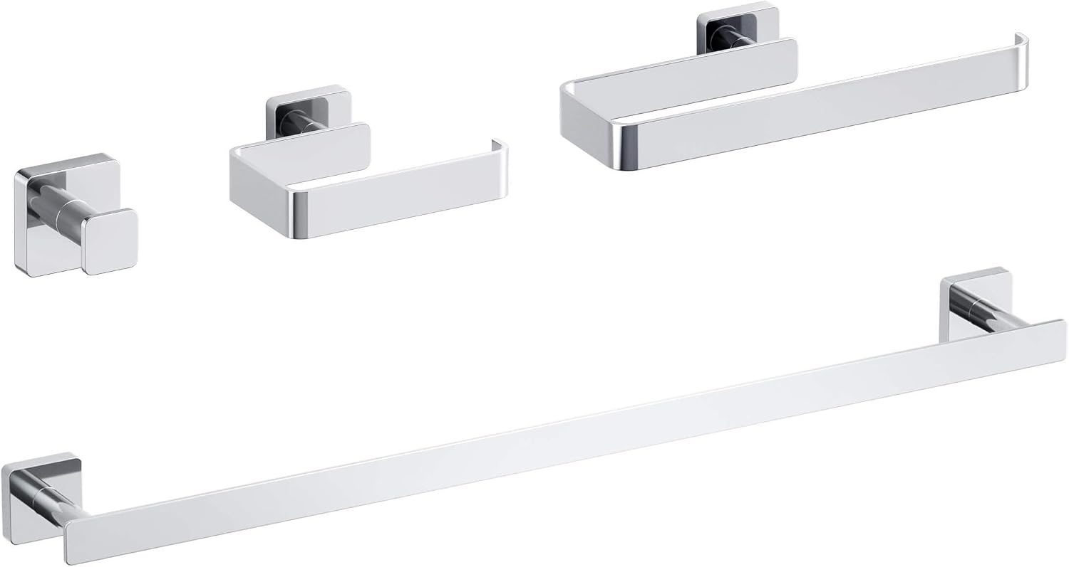 KIBI Blaze 4-Piece Bathroom Hardware Set in Chrome – Includes 25' Towel Bar, Towel Ring, Toilet Paper Holder & Robe Hook – Sleek Design, Rust-Resistant, Premium Quality Construction (Chrome, KBA16-4)