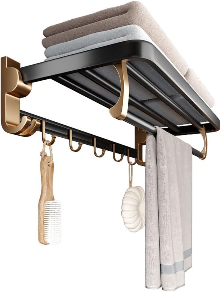 Modern Black and Gold Bathroom Towel Rack with Double Rail and Hooks Wall Mounted Aluminum Towel Storage Holder for No Drill Installation 60cm