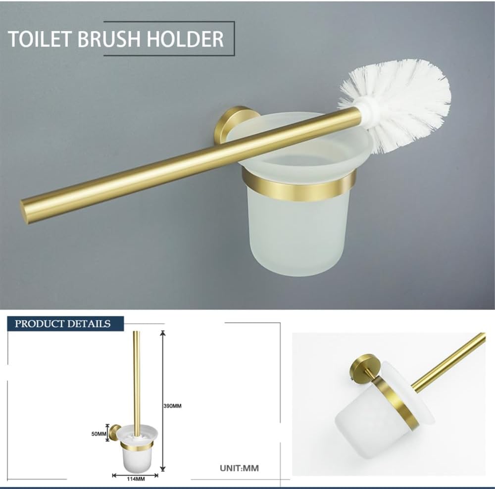 Brushed Gold Brass Bathroom Accessories Set - Hand Towel Bar, Toilet Paper Holder, Robe Hook & Brush Holder - Stylish Wall-Mounted Modern Decor with Knurled Finish