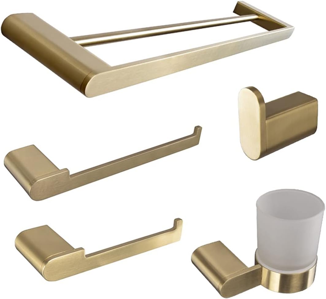 Gold Bathroom Accessories Set, Wall Mount Towel Bar, Stainless Steel Toilet Paper Holder, Tooth Brush Holder (Color : 5 pcs Set)