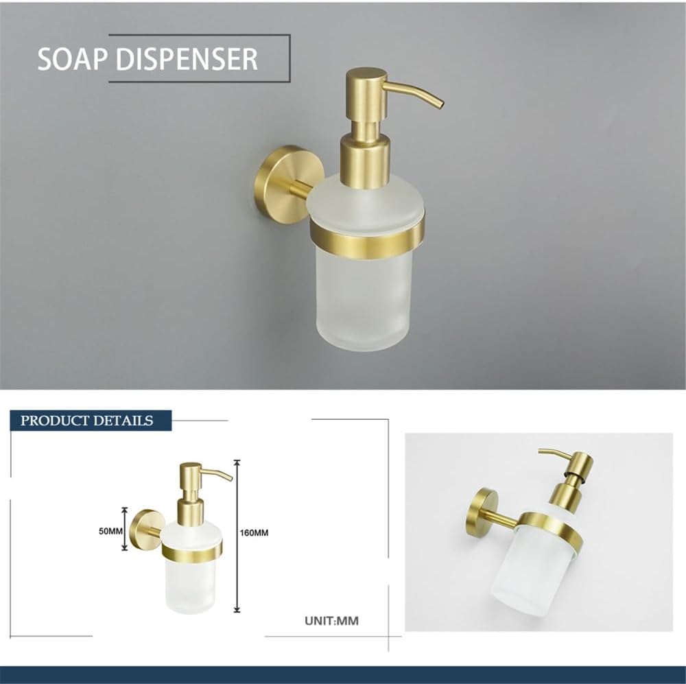 Brushed Gold Brass Bathroom Accessories Set - Hand Towel Bar, Toilet Paper Holder, Robe Hook, Soap Dispenser - Elegant Wall-Mounted Design for Modern Bathroom Decor