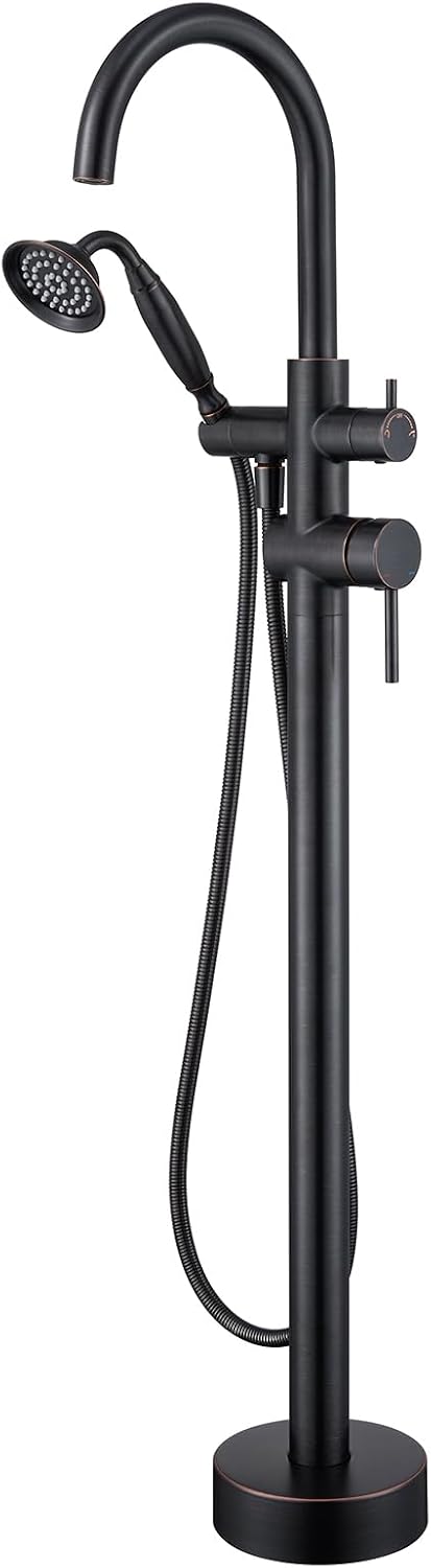 Wowkk Tub Filler Freestanding Bathtub Faucet Oil Rubbed Bronze Floor Mounted Brass Bathroom Tub Faucets with Hand Shower