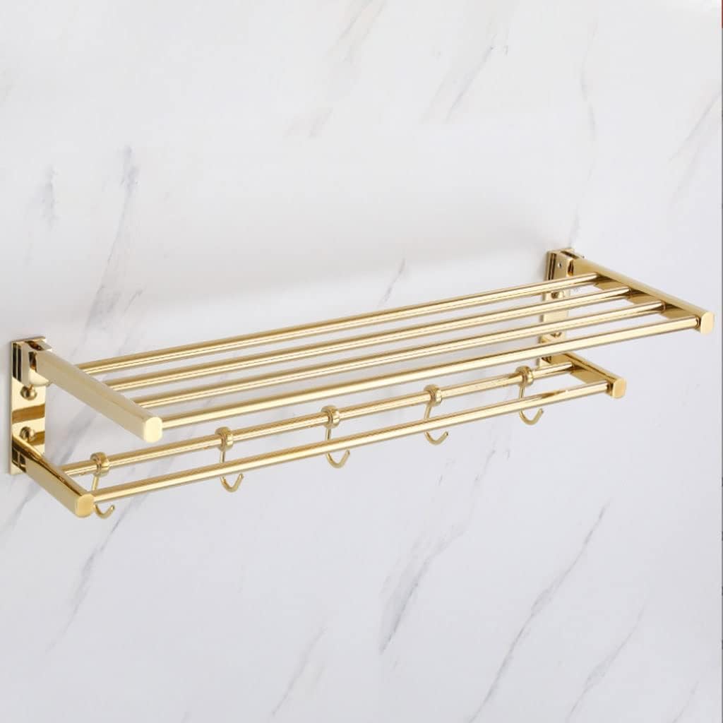Towel Rack Foldable All Copper Towel Rack with 5 Hooks Towel Bar Wall Mounted Towel Holder Double Towel Shelf Bathroom Accessories Bathroom Towel Rack(A-Gold)