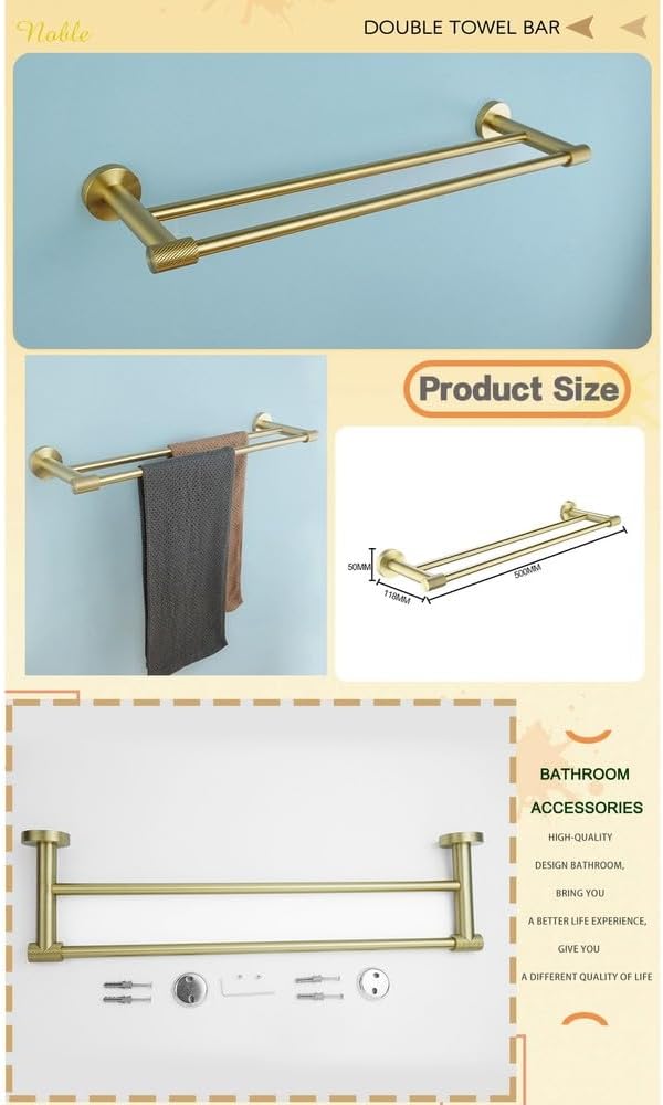 Brushed Gold Stainless Steel Wall-Mounted Towel Bar Paper Holder Robe Hook Cup Holder Toilet Brush Bathroom Accessories,Double Towel Bar