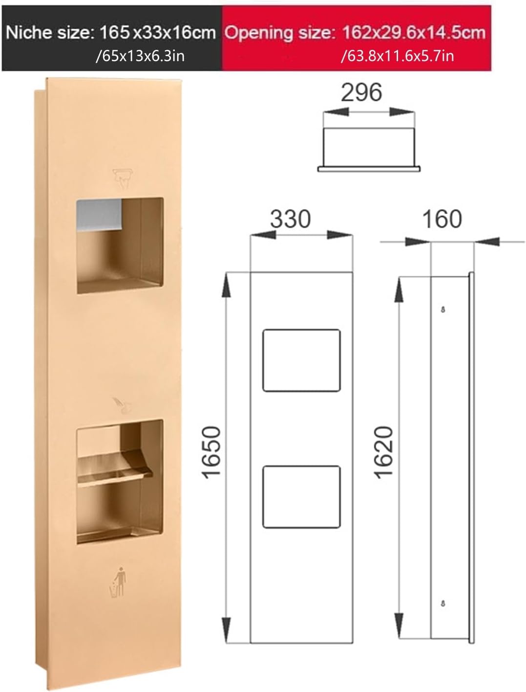 Recessed Convertible Paper Towel Dispenser/Waste Receptacle Combination Unit, Satin Stainless Steel for Hotel Public Bathroom Kitchen, Silver(Gold,33x165x16CM)
