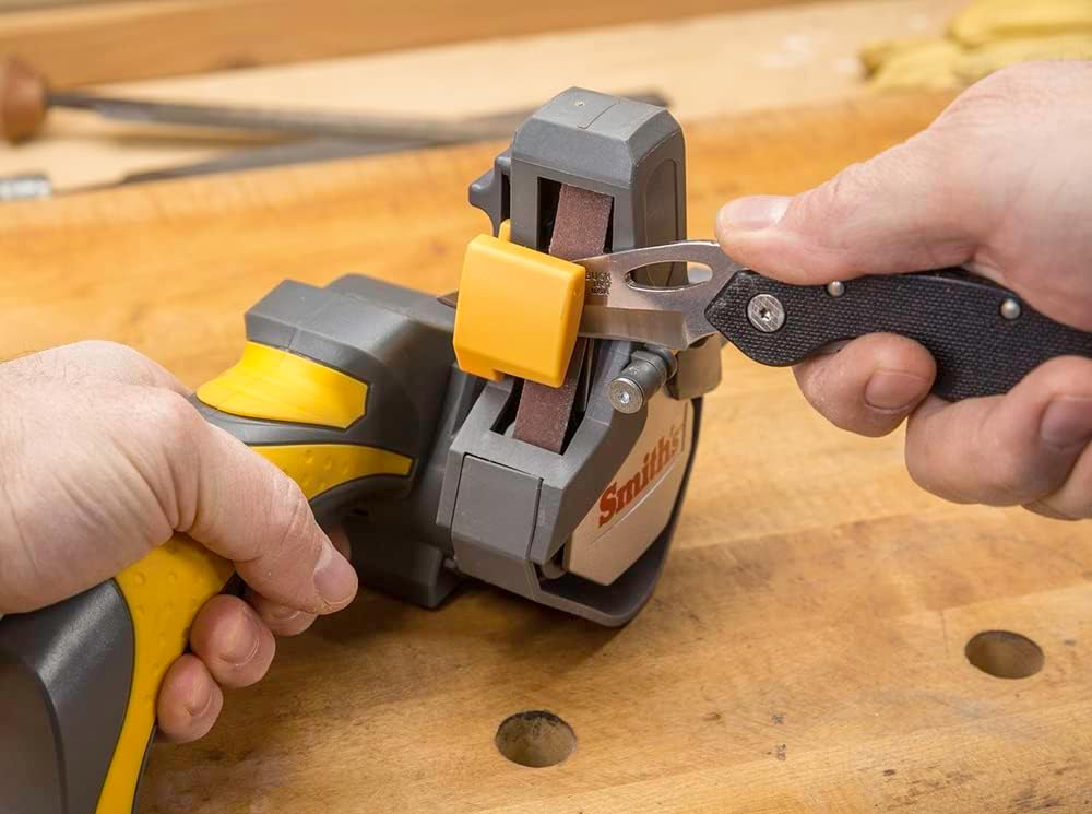Smith's 50969 Cordless Electric Knife and Tool Sharpener – Yellow – Rechargeable – Portable – Soft Grip Handle – Replaceable Belts – Rotating Head – Canvas Bag Included