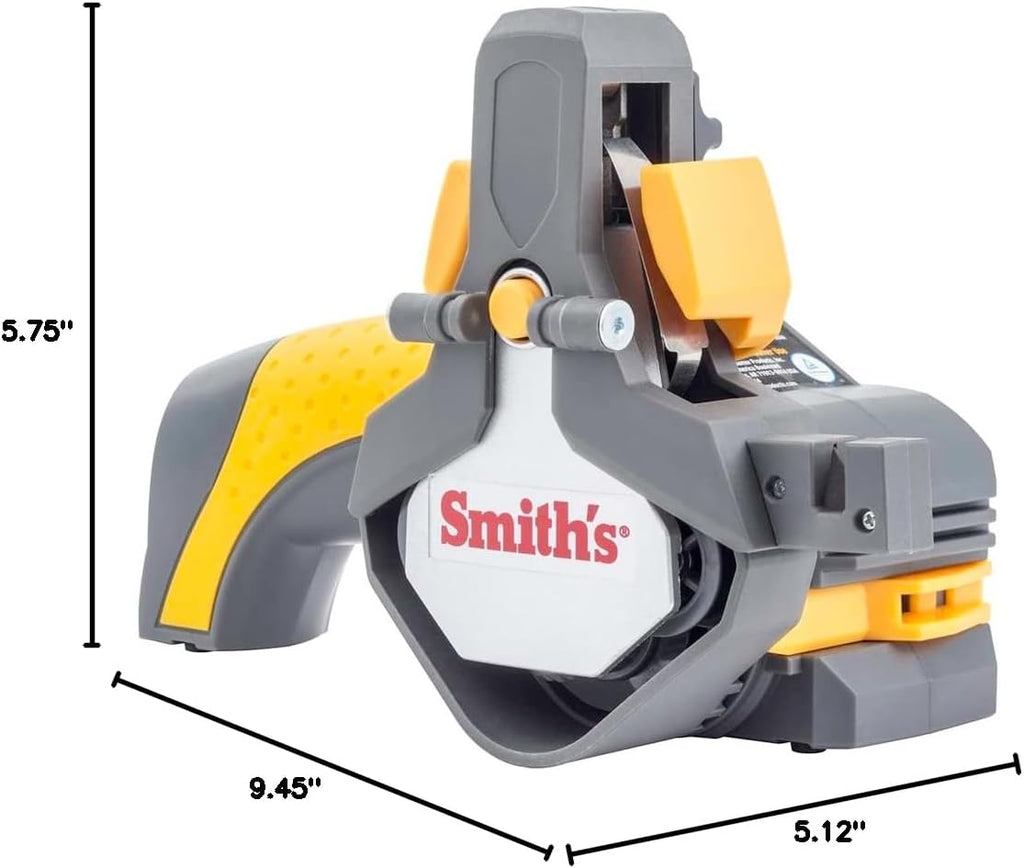 Smith's 50969 Cordless Electric Knife and Tool Sharpener – Yellow – Rechargeable – Portable – Soft Grip Handle – Replaceable Belts – Rotating Head – Canvas Bag Included