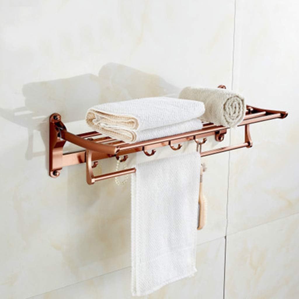 Space Aluminum Towel Rack Towel Rail Folding Wall Hanging Bathroom Kitchen Double Rack with Five Hooks Top of The Line Rack Gold (Size : Brown)