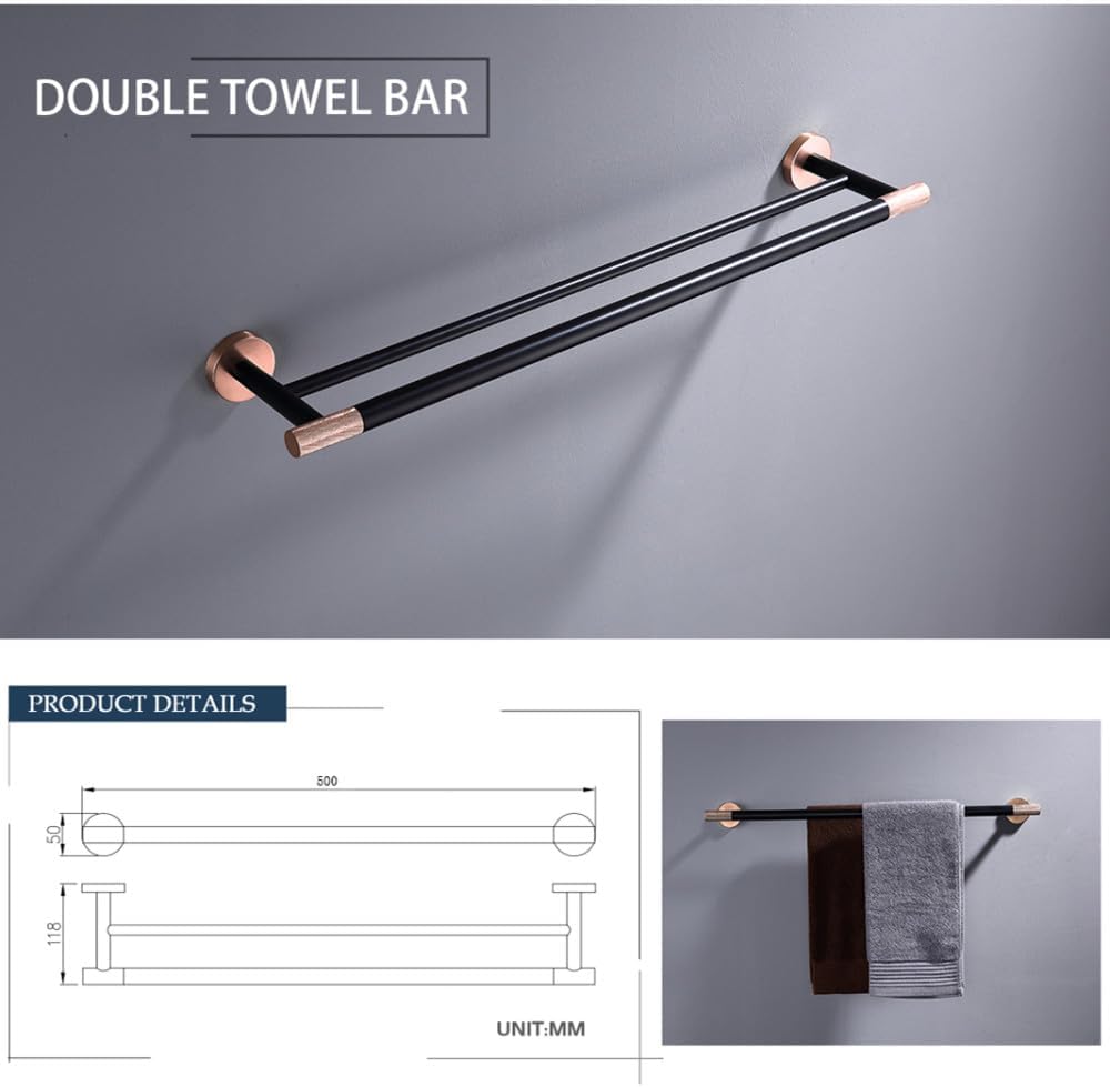 Rose Gold and Black Bathroom Accessories Hardware Towel Bar Rail Rack Toilet Paper Holder Towel Robe Hook Soap Dish Toilet Brush,Double Towel Bar