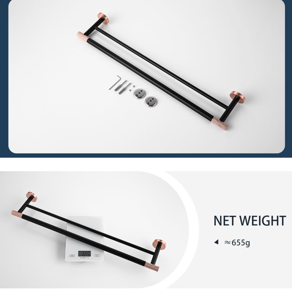 Rose Gold and Black Bathroom Accessories Hardware Towel Bar Rail Rack Toilet Paper Holder Towel Robe Hook Soap Dish Toilet Brush,Double Towel Bar