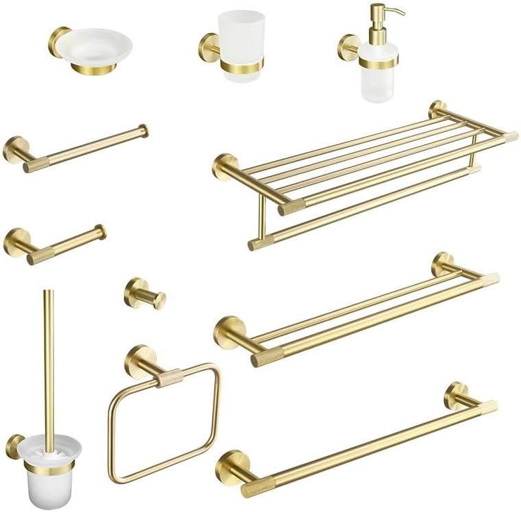 Brushed Gold Brass Knurling Wall Mount Bathroom Accessories Set Hand Towel Bar Rack Toilet Roll Paper Holder Robe Hook Hanger(Double Towel Bar)
