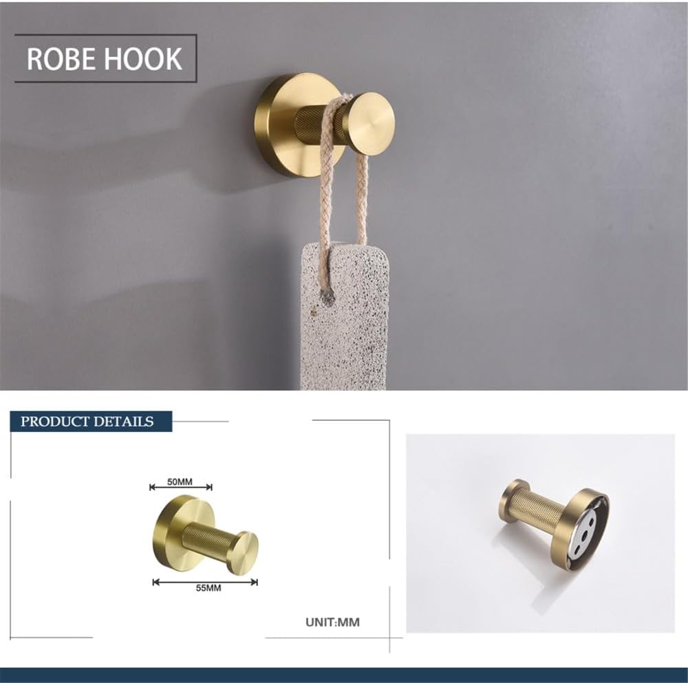 Brushed Gold Brass Bathroom Accessories Set - Hand Towel Bar, Toilet Paper Holder & 2 Robe Hooks - Modern Stylish Knurling Design for Elegant Home Décor