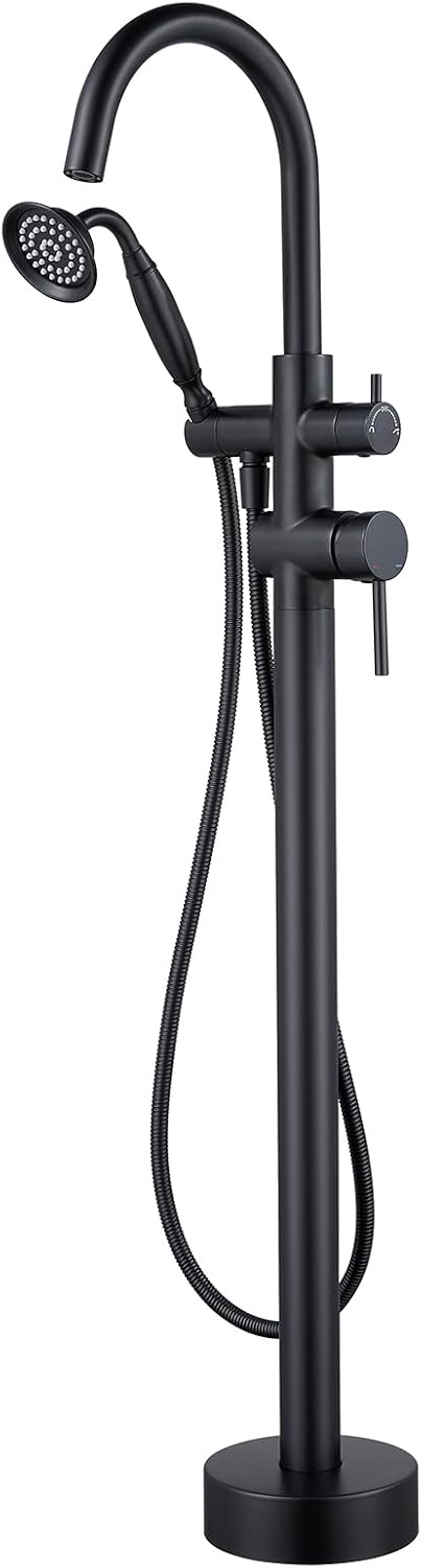 Wowkk Tub Filler Freestanding Bathtub Faucet Black Floor Mounted Brass Bathroom Tub Faucets with Hand Shower