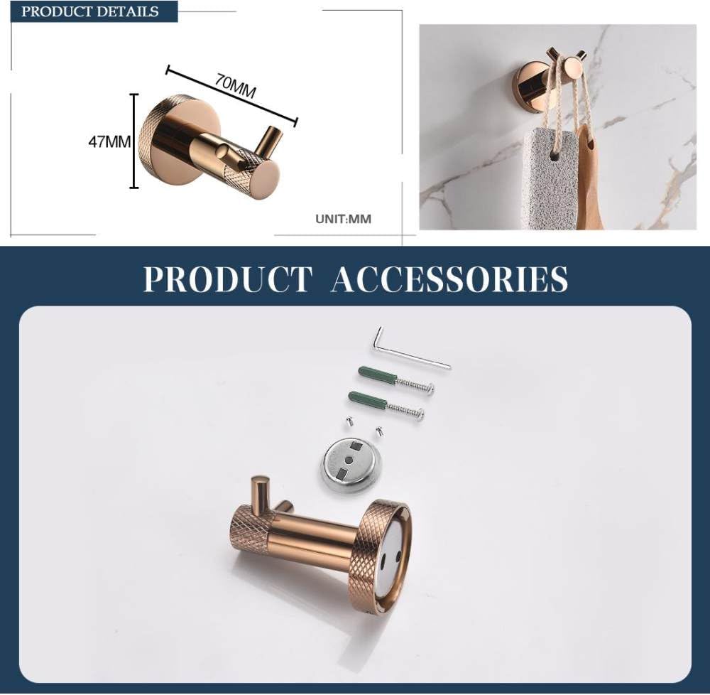 Rose Gold Wall Mount Shelf Toilet Bath Hardware Paper Holder Towel Bar Rack Rail Rod Robe Hook Hanger Bathroom Accessories Set,Single Towel Bar(4 Pcs Double Hook)
