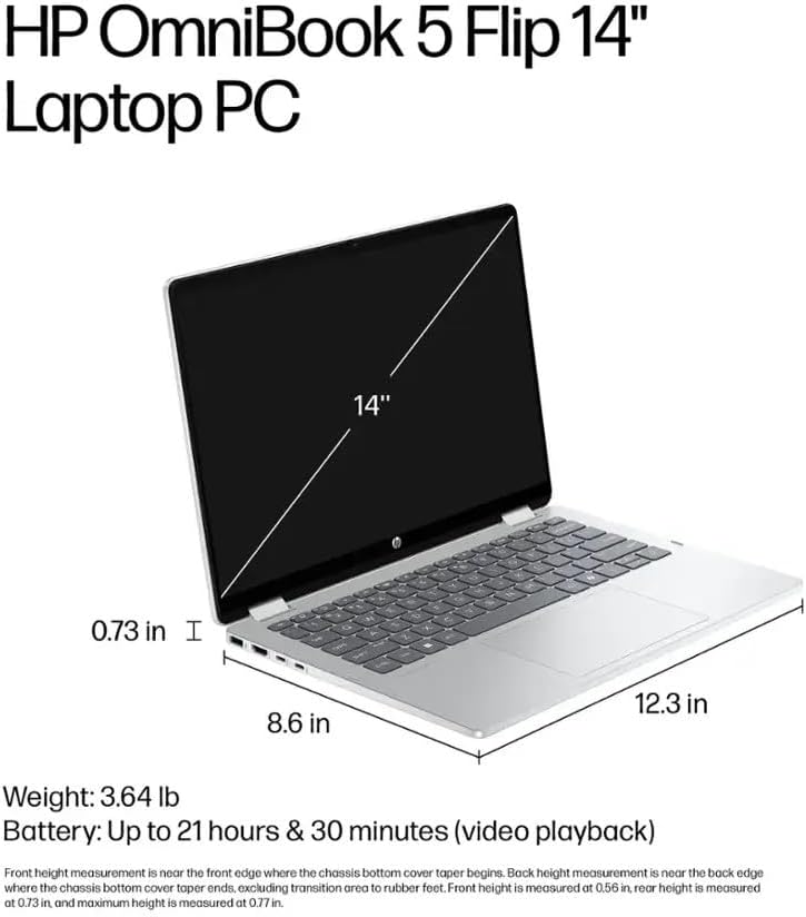 HP OmniBook 5 Flip 2-in-1 Laptop / 14' 1920x1200 Touchscreen / 10 Cores Intel 7 150U / Intel Graphics / 16GB LPDDR5 1TB NVMe SSD/Backlit Keyboard Wi-Fi 6E / Win11 Pro/Glacier Silver