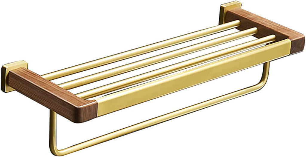 Bathroom Towel Rack Brushed Gold Towel Bar Space Aluminum and Walnut Towel Rail Wall Mounted Towel Holder Double Rod Storage Rack for Bathroom, Kitchen, Toilet
