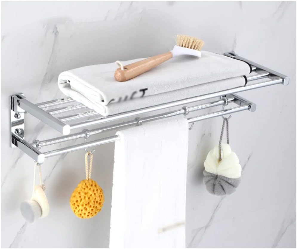 Foldable All Copper Towel Rack with 5 Hooks Wall Mounted Double Towel Shelf for Bathroom Towel Holder with Towel Bar and Hooks 59cm Gold Color,B-silver-59Cm