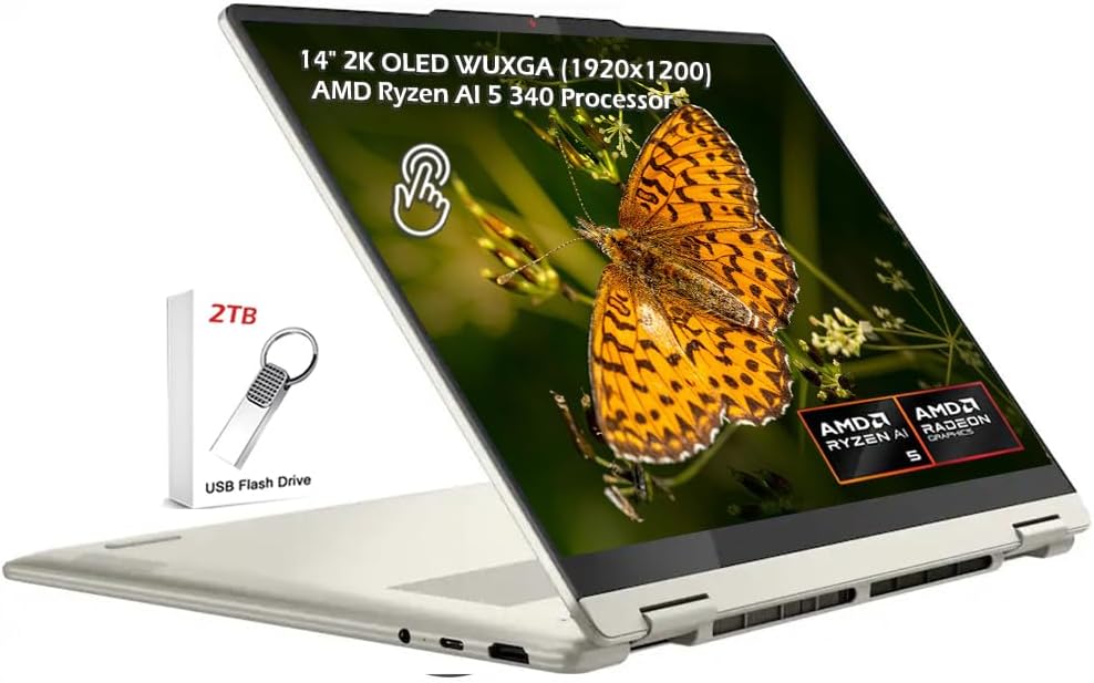 Lenovo Yoga 7 2-in-1 Laptop 14' WUXGA OLED Touch AMD 6-core Ryzen AI 5 340 16GB RAM 2TB SSD for Creator Business Professional, Wi-Fi7 Backlit KB Windows 11, Seashell, w/2TB USB Drive, W/GaLiMu