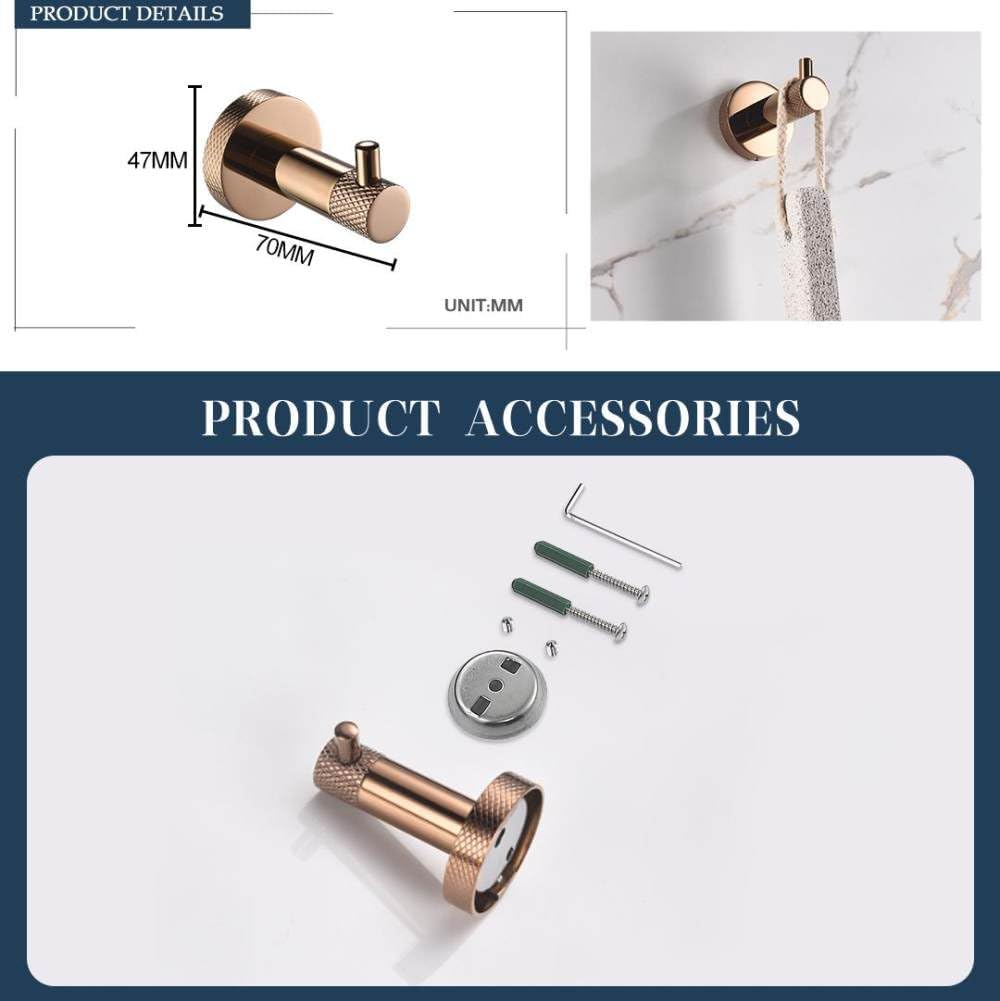 Rose Gold Wall Mount Shelf Toilet Bath Hardware Paper Holder Towel Bar Rack Rail Rod Robe Hook Hanger Bathroom Accessories Set,Single Towel Bar(4 Pcs Robe Hook)