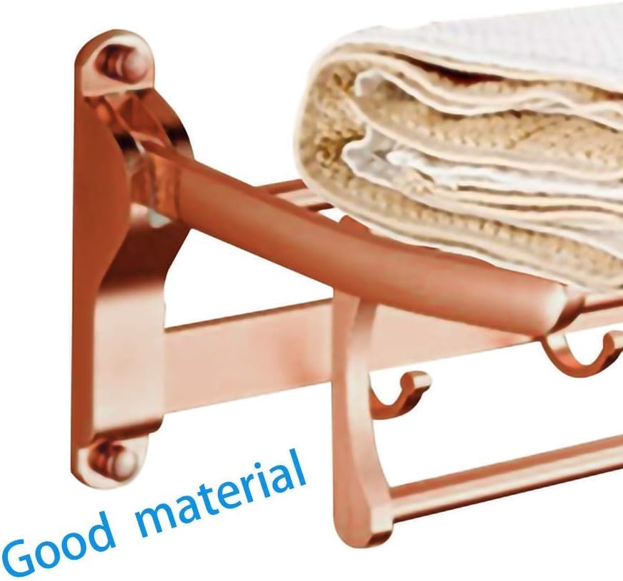 Bathroom Towel Rail Foldable Double Wall-Mounted Towel Holder with Hooks 60cm Aluminum Towel Rack with Multi Towel Bar for Kitchen Bathroom Toilet Hotel Office (Rose Gold)